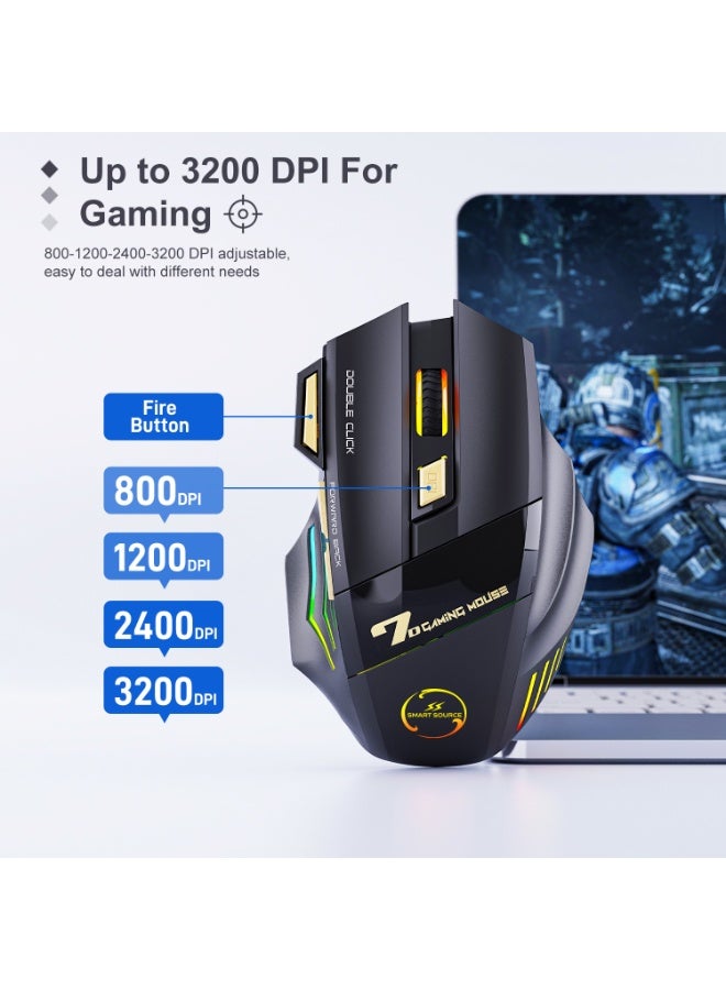 SMART SOURCE Wireless Rechargeable Gaming Mouse 3200 DPI Adjustable RGB | Bluetooth + Wireless 2.4GHz, Silent Click 7D Gaming Mouse with Fire Button | Ergonomic Wireless Mouse for PC Laptop FPS Games - Image 3